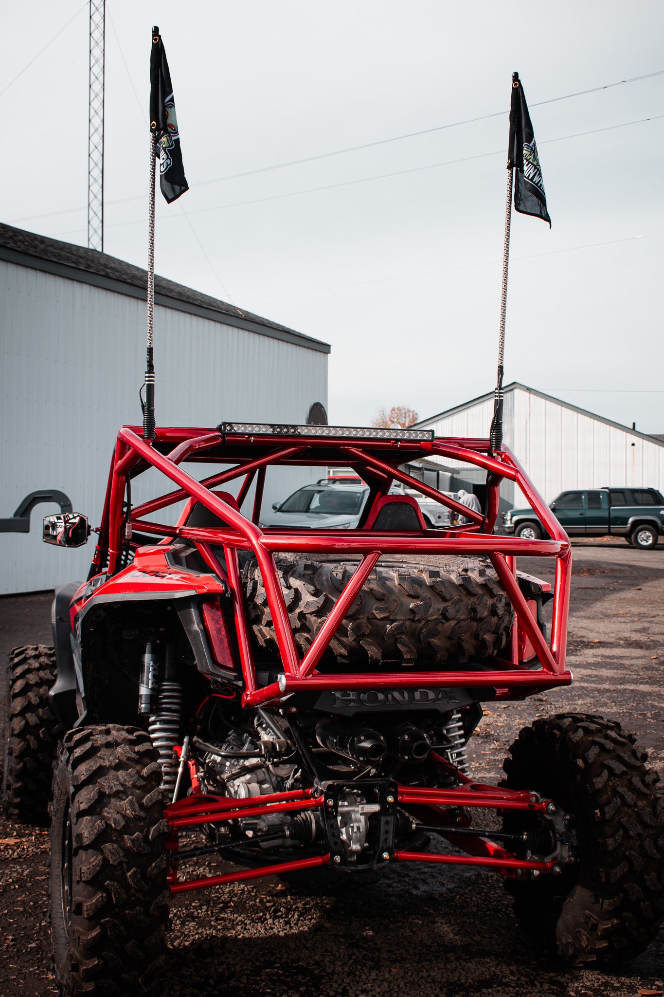 honda talon full roll cage powder coated red with spare tire carrier, light whips, rear bumper